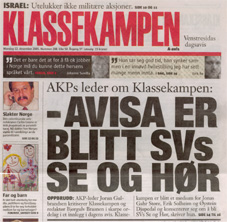 Forsida på Klassekampen 12.12.05: - Avisa er blitt SVs Se og hør